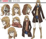  blonde_hair blue_skirt boots bow bowtie brown_eyes character_name character_sheet coat coppelion crazy_eyes crazy_smile curly_hair full_body grin knee_boots long_hair miniskirt official_art ozu_kanon pale_skin scarf school_uniform skirt smile transparent_background 
