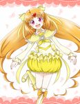  :d boots bow brooch brown_hair bubble_skirt choker circlet cure_muse_(yellow) earrings frills hair_bow heart hiranotch jewelry knee_boots long_hair magical_girl open_mouth pink_eyes precure shirabe_ako skirt smile solo standing standing_on_one_leg suite_precure yellow_bow yellow_choker yellow_skirt 