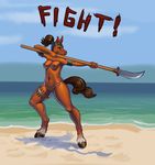  beach breasts combat equine female fight fighter fighting_stance horse knives mammal panties parody polearm ponytail sand sea seaside siyah sky stance text underwear water 