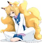  animal_ears ankoro_(eguretto) barefoot blonde_hair breasts dress fox_ears fox_tail full_body indian_style kitsune leaning_forward looking_at_viewer medium_breasts multiple_tails simple_background sitting solo tabard tail touhou white_background yakumo_ran yellow_eyes 