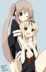  black_ribbon black_serafuku blonde_hair blush bow brown_eyes brown_hair green_eyes hair_bow hair_ornament hair_ribbon hug hug_from_behind kantai_collection long_hair messy_hair multiple_girls murasame_(kantai_collection) open_mouth pleated_skirt ribbon school_uniform serafuku short_sleeves sitting skirt smile twintails wara_(warapro) yuudachi_(kantai_collection) 