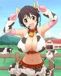  :d animal_ears animal_print arm_warmers armpits bell bell_collar breasts brown_eyes brown_hair cleavage collar cow cow_bell cow_ears cow_horns cow_print cow_tail elbow_gloves fake_animal_ears fence gloves head_tilt headset horns house idolmaster idolmaster_cinderella_girls large_breasts looking_at_viewer midriff mountain nash_(na-si) navel oikawa_shizuku open_mouth pink_gloves short_hair smile solo tail 