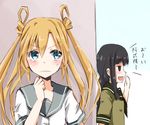  abukuma_(kantai_collection) black_hair hair_rings kantai_collection kay_(utd) kitakami_(kantai_collection) long_hair multiple_girls open_mouth school_uniform serafuku translated twintails 