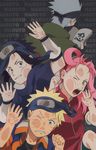  1girl 3boys against_glass black_eyes black_hair blonde_hair blue_eyes blue_hair book face_mask forehead_protector fourth_wall green_eyes grey_hair half_mask haruno_sakura hatake_kakashi headband long_hair mask multiple_boys naruto oba-min open_mouth pink_hair short_hair sweatdrop teeth uchiha_sasuke uzumaki_naruto whiskers 