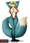  angry anthro areola big_breasts bikini blonde_hair blue_eyes blue_fur breasts canine clothed clothing erect_nipples eyewear female fox frown fur glasses hair huge_breasts looking_at_viewer mammal navel nipples skimpy sling_bikini solo swimsuit witchking00 