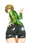  absurdres ass ass_grab bike_shorts blush breasts brown_eyes brown_hair cameltoe deep_skin from_behind gggg grabbing_own_ass hand_on_ass highres jacket looking_back looking_down nipples open_mouth persona persona_4 satonaka_chie short_hair small_breasts solo track_jacket 