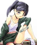  amasawa_yuuko belly_peek black_eyes black_hair bottle breasts covered_nipples dennou_coil jacket long_hair navel off_shoulder ramune sasaki_bullet see-through shoes_removed sitting skirt small_breasts smile socks_removed tank_top tomboy twintails vest 