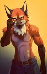  canine clothing eyewear fox fur glasses kero_tzuki looking_at_viewer male mammal orange_fur pants solo yellow_eyes 