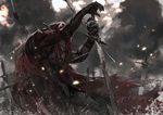  alcd armor arrow blood cloud cloudy_sky dark gauntlets highres injury kneeling knight male_focus pixiv_fantasia pixiv_fantasia_fallen_kings rain sky solo sword war weapon 