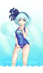  black_hairband blue_background blue_eyes breasts die_blonde_bestie finger_to_mouth hair_ribbon hairband highres hitodama konpaku_youmu konpaku_youmu_(ghost) medium_breasts name_tag one-piece_swimsuit open_mouth ribbon school_swimsuit short_hair silver_hair solo swimsuit touhou 