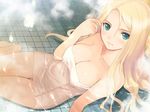  1girl adjusting_hair bath blonde_hair blush breasts cleavage date_wingfield_reiko fault!! game_cg green_eyes highres large_breasts legs long_hair looking_at_viewer nude partially_submerged sitting smile solo steam tanaka_takayuki thighs towel water wet 
