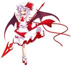  bat_wings bobby_socks dress hat hat_ribbon looking_at_viewer panties pointy_ears polearm purple_hair red_eyes remilia_scarlet ribbon shingo_(missing_link) simple_background socks solo spear spear_the_gungnir touhou underwear weapon white_background white_panties wings 