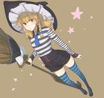  adapted_costume ascot bad_id bad_pixiv_id black_footwear blonde_hair blue_bow blue_legwear bow braid broom contemporary full_body hair_bow hat holding kirisame_marisa long_hair long_sleeves looking_away p_no_hito ribbon shirt shoes shorts side_braid simple_background single_braid solo standing striped striped_legwear striped_shirt thighhighs touhou witch_hat yellow_eyes 