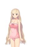  1girl blonde_hair blush breasts brown_eyes cleavage fault!! game_cg glasses hayama_rika large_breasts legs long_hair looking_at_viewer navel simple_background solo standing swimsuit tanaka_takayuki thighs white_background 