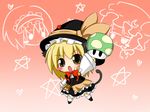  1up :o alice_margatroid animal_ears arm_up blonde_hair blush_stickers buri_hamachi cat_ears cat_tail chibi hat heart kirisame_marisa long_hair mario_(series) meme mushroom open_mouth orange_background patchouli_knowledge ribbon ritateo star super_mario_bros. super_marisa_world tail touhou v-shaped_eyebrows yellow_eyes 