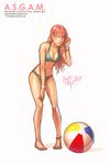  anklet annie_mei annie_mei_project ball barefoot beachball bikini breasts caleb_thomas character_name cleavage green_eyes highres jewelry leaning_forward long_hair medium_breasts pigeon-toed pink_hair solo swimsuit watch wristband wristwatch 