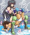  2girls black_hair blue_eyes boots brown_hair fuyumi_natsuko leotard long_hair midriff multiple_girls muscle ponytail shimamoto_utako taroimo_(00120014) wrestling_ring 