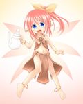  :d :o anklet bare_shoulders barefoot beige_background blue_eyes bow bracelet fairy fairy_wings full_body hair_bow hair_ribbon jewelry kso loincloth midriff navel open_mouth original pink_hair pointy_ears ponytail ribbon sailor_collar side_ponytail simple_background smile solo teapot wings yellow_bow 