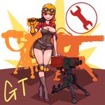  1girl boots breasts cleavage genderswap glove gloves goggles gotwin helmet high_heel_boots high_heels orange_hair sentry team_fortress_2 tf2 the_engineer wrench 