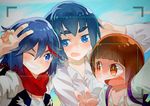  ;d black_hair blue_eyes blush brown_eyes brown_hair collarbone contemporary dress_shirt eyebrows grin highres kill_la_kill kiryuuin_satsuki luo. mankanshoku_mako matoi_ryuuko multicolored_hair multiple_girls one_eye_closed open_mouth red_hair red_scarf scarf shirt short_hair smile spoilers taking_picture teeth thick_eyebrows two-tone_hair upper_body v vest viewfinder 