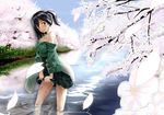  black_hair blue_eyes blue_sky blush breasts cherry_blossoms cleavage day highres japanese_clothes kantai_collection kurihara_kenshirou large_breasts long_sleeves off_shoulder open_mouth petals ribbon river short_hair skirt sky smile solo souryuu_(kantai_collection) tree twintails water wet wet_clothes wide_sleeves 