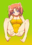  apron barefoot blush body_blush breasts cleavage grabbing large_breasts looking_at_viewer mikakunin_de_shinkoukei naked_apron pink_hair purple_eyes short_hair smile solo tamori_tadaji twintails two_side_up yonomori_kobeni 