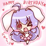  ahoge animal_ears birthday blush bunny_ears bunny_tail chibi english happy_birthday heart long_hair one_eye_closed open_mouth pink_background purple_eyes red_eyes reisen_udongein_inaba ritateo smile star tail touhou 