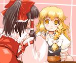  back black_hair blonde_hair bow bowl braid food food_on_face frilled_bow frills hair_bow hakurei_reimu kanoe_soushi kirisame_marisa multiple_girls puffy_short_sleeves puffy_sleeves red_bow red_ribbon ribbon ribbon-trimmed_sleeves ribbon_trim sarashi shirt short_sleeves side_braid touhou white_bow white_shirt white_sleeves yellow_eyes 