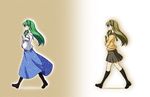  alternate_costume detached_sleeves dual_persona green_hair highres hirase_yuu kochiya_sanae long_hair multiple_girls pantyhose school_uniform touhou walking 