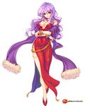  artist_request bare_shoulders bracelet breasts cleavage crossed_arms dress groin jewelry large_breasts long_hair luna_online necklace purple_hair red_dress scarf solo 