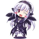  blush boots chibi dress frills hairband lowres mugen_xp one_eye_closed purple_eyes rozen_maiden silver_hair smile solo suigintou wings 