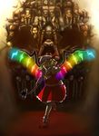  bad_id bad_pixiv_id doll doll_joints dress flandre_scarlet glowing glowing_eyes highres horror_(theme) kiki_the_catman laevatein rainbow_order red_dress solo standing standing_on_one_leg touhou 