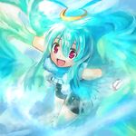  aqua_hair bike_shorts blue edobox gigandal_federation halo happy long_hair pixiv_fantasia pixiv_fantasia_3 purple_eyes solo wings 