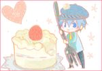  androgynous bad_id bad_pixiv_id birthday black_hair blue_eyes cabbie_hat cake chibi food fork fruit hat necktie oversized_object pastry persona persona_4 reverse_trap rilim shirogane_naoto short_hair solo strawberry 