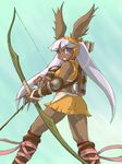  :o animal_ears archer_(ffta) arrow ass blue_eyes blush boots bow bow_(weapon) bunny_ears dark_skin earrings final_fantasy final_fantasy_tactics_a2 final_fantasy_tactics_advance from_behind gloves jewelry long_hair looking_back midriff miniskirt quiver ribbon sankuma silver_hair skirt solo standing viera weapon white_hair 