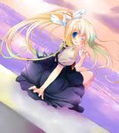  air blonde_hair blue_eyes hair_ribbon kamio_misuzu long_hair looking_back misaki_kozue ocean one_eye_closed ponytail ribbon school_uniform solo v very_long_hair water 