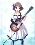  bad_id bad_pixiv_id brown_hair don't_say_&quot;lazy&quot; dress elbow_gloves fingerless_gloves gloves guitar hirasawa_yui instrument k-on! pantyhose short_hair solo striped striped_legwear vertical-striped_legwear vertical_stripes yakka 