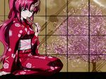  cherry_blossoms gundam gundam_seed japanese_clothes kimono lacus_clyne long_hair red_kimono sitting solo wallpaper yukata 