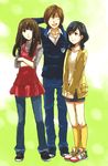  2girls ^_^ arm_behind_head black_hair blush_stickers brown_eyes brown_hair closed_eyes crossed_arms denim eyebrows full_body hanaori_kotoha height_difference ikenami_ryuunosuke jeans kneehighs long_hair multiple_girls nugaa pants polka_dot samurai_sentai_shinkenger shiraishi_mako shirt shoes shorts smile sneakers standing striped super_sentai turtleneck v_arms 