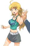  :o a1 ahoge belt blonde_hair camisole green_eyes holding_hands hoshii_miki idolmaster idolmaster_(classic) idolmaster_1 long_hair midriff miniskirt navel open_mouth out_of_frame pov pov_hands sidelocks simple_background skirt solo_focus standing sweat 