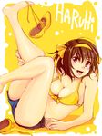  bad_id bad_pixiv_id barefoot bikini_top blush breasts brown_eyes brown_hair cika cleavage denim denim_shorts feet hairband hands large_breasts legs orange_hairband short_hair shorts solo suzumiya_haruhi suzumiya_haruhi_no_yuuutsu 