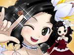  &gt;_&lt; \m/ angry animated animated_gif black_hair blush chibi closed_eyes curly_hair dress flower gloves green_eyes hands lipsync_model lowres macross macross_frontier mameshiba music parody prima primina seikan_hikou singing vocaloid 