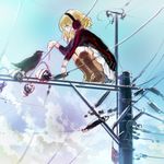  animal bird blonde_hair blue_eyes boots cloud day ein_(long_cake) feeding from_side headphones miniskirt on_top_of_pole original pleated_skirt power_lines profile raven_(animal) short_hair sketch skirt sky solo squatting telephone_pole 