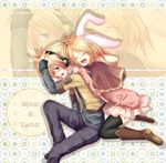  1girl animal_ears bad_id bad_pixiv_id blonde_hair blue_eyes blush brother_and_sister bunny_ears chirota closed_eyes headphones kagamine_len kagamine_rin short_hair siblings smile thighhighs twins vocaloid zoom_layer 