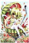  ahoge animal_ears blush cat_ears cat_tail copyright_request drinking_straw emperpep food fruit green_hair in_food open_mouth red_eyes solo tail thighhighs watermelon 