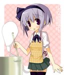  apron black_hairband cooking ghost hairband hitodama konpaku_youmu konpaku_youmu_(ghost) polka_dot red_eyes sakurazari_hotori short_hair shoujo_kitou-chuu silver_hair solo thighhighs touhou translated 