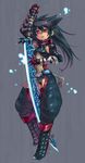  armor black_hair hairband highres long_hair monster_hunter nada_haruka nargacuga_(armor) ootachi red_eyes solo sword weapon 