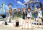  6+girls absurdres barefoot black_hair blonde_hair blue_eyes braid brown_eyes brown_hair charlotte_e_yeager eila_ilmatar_juutilainen erica_hartmann everyone eyepatch fang feet francesca_lucchini gertrud_barkhorn glasses green_eyes highres legs long_hair lynette_bishop minna-dietlinde_wilcke miyafuji_yoshika multiple_girls no_legwear no_pants non-web_source nyantype panties perrine_h_clostermann pillar ponytail ruins sakamoto_mio sanya_v_litvyak scan school_swimsuit school_uniform serafuku short_hair silver_hair strike_witches swimsuit swimsuit_under_clothes sword takamura_kazuhiro twintails underwear weapon world_witches_series 