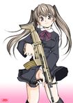  amraam120c assault_rifle brown_eyes brown_hair copyright_request fn_scar gun long_hair miniskirt pleated_skirt ribbon rifle school_uniform simple_background skirt skirt_lift smile socks solo standing twintails weapon wind wind_lift yandere 