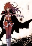  boots cape darkness earrings gloves jewelry knee_boots lina_inverse long_hair magic pointy_ears power red_eyes red_hair ruins slayers solo yoshin 